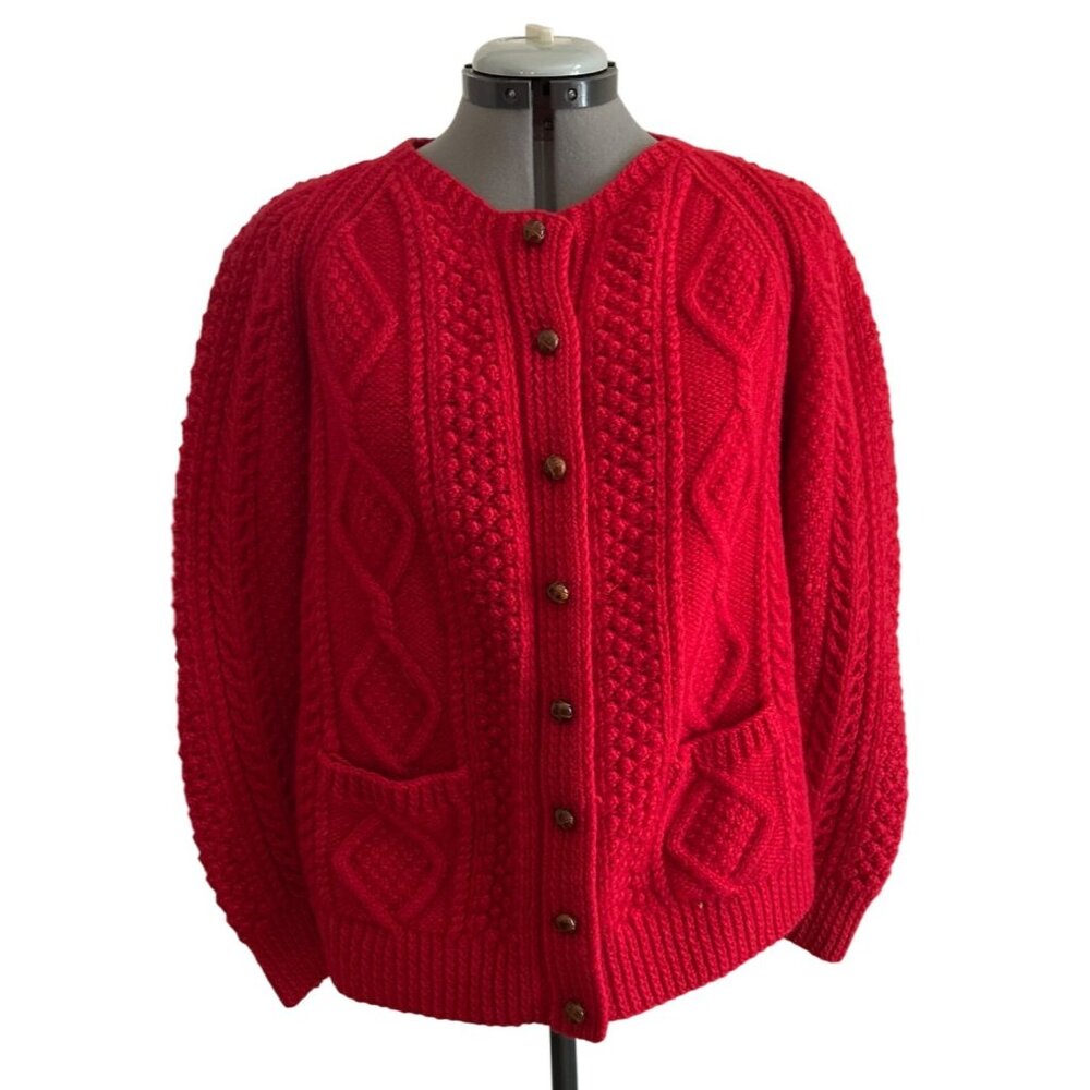 Vintage Marika O'Dowd Red Wool Cable Knit Cardigan Wooden Buttons *READ*